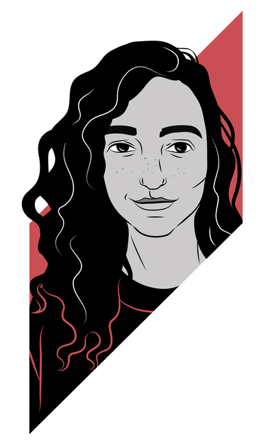 Avatar of team member, long hair, red and white background