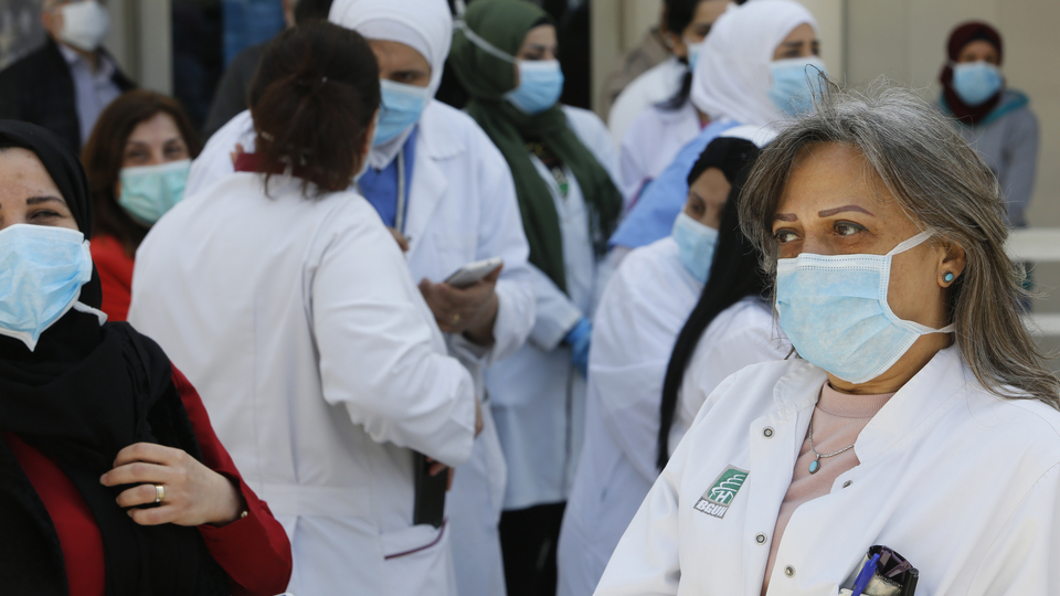 The halls of the Rafik Hariri University Hospital are crowded with healthcare workers and patients. Beirut, Lebanon. April 17, 2020. (Marwan Tahtah/The Public Source)