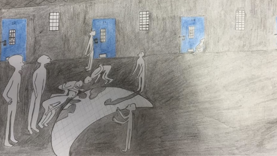 A pencil drawing of Palestinian prisoners under the moonlight, looking up at the moon in awe, and at its glow/reflection on the ground near them.